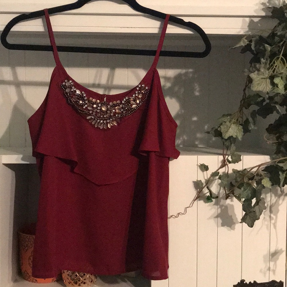 Burgundy Spaghetti Strap Tank w/ Beaded Neck Line